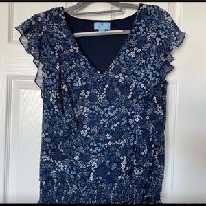 CeCe Shortsleeved V-neck Floral Blue Flutter-sleeve Blouse